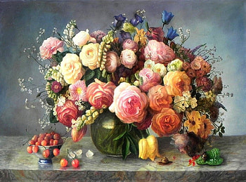 Flowers and berries, art, cherry, flower, fruit, berry, vara, zbigniew kopania, summer, still life, rose HD wallpaper