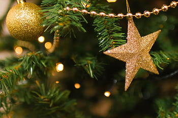 Close-up of a Christmas tree with golden star and ornament, shimmering lights and festive decorations. HD wallpaper