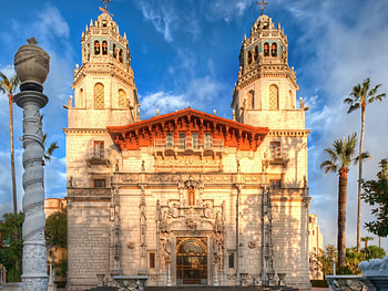 church athearst castle in san simeon CA r, trees, sky, r, church, towers HD wallpaper