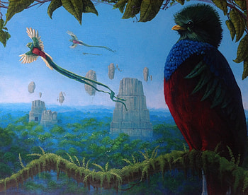 Paradise, blue, bird, fantasy, art, red, steven correa, jungle, pasari HD wallpaper
