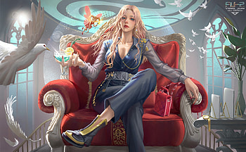Fantasy girl, frumusete, art, chen yingjun, fantasy, throne, red, luminos, girl HD wallpaper
