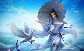 Fantasy Girl, Girl, Dove, Blue, Umbrella, Bird HD wallpaper