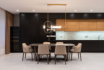 Sleek, minimalist kitchen interior featuring contemporary furnishings and modern lighting. HD wallpaper