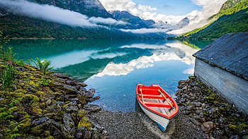 Norwegian Fjord, boat, landscape, trees, sky, mountains, stones, reflections HD wallpaper