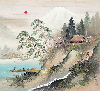 Koukei Kojima. Pine trees by the river, river, art, drawing, koukei kojima, tree, mountain HD wallpaper