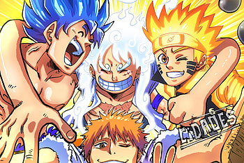 Goku, Luffy, Naruto & Ichigo, Goku, Monkey D. Luffy, Gear 5 (One Piece), Naruto Uzumaki, Ichigo Kurosaki, Anime, crossover HD wallpaper