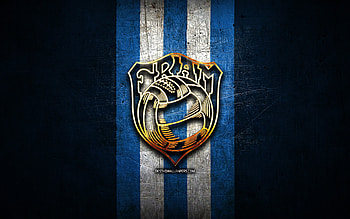 Fram FC, golden logo, Icelandic Football League, blue metal background, football, Icelandic football club, Fram FC logo, soccer, Fram Reykjavik, Knattspyrnufelagio Fram HD wallpaper