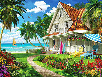 Beach House, flowers, cottage, palm trees, summer, artwork, digital HD wallpaper