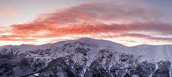 Winter, glacier, mountains, sunset HD wallpaper