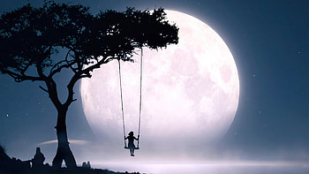 Swing Moon Girl Alone, swing, moon, artist, artwork, digital-art HD wallpaper