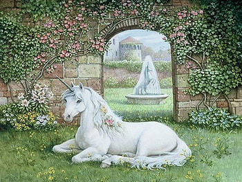 In The Garden, unicorn, horse, wall, flowers HD wallpaper
