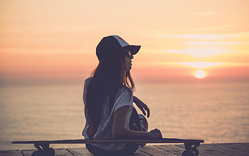 Skateboarding girl, Sunset background, Mood glasses, Full screen HD wallpaper