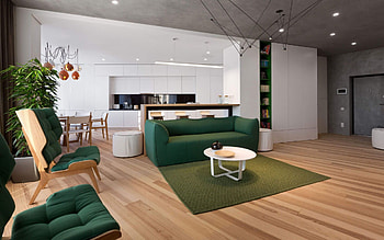 modern living room design, stylish interior, loft style, living room idea, gray concrete ceiling, white furniture in the kitchen HD wallpaper