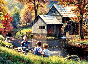 Fishy Story F, river, art, fishing, landscape, beautiful, boys, artwork, scenery, wide screen, painting, waterwheel HD wallpaper