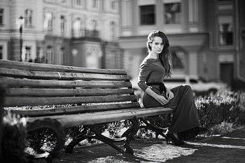 Girl Dressed Sitting On Bench Looking At Viewer , girls, dress, model, monochrome, black-and-white HD wallpaper