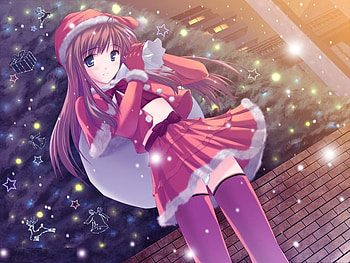 girl in the snow, girl, tree, woman, anime girl, anime, snow, christmas, women, santa, female HD wallpaper