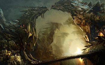 dragon mountain, draconian, draco, gate, dragon, mountain HD wallpaper