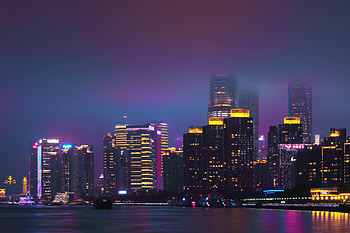 Cities, Water, Violet, City, Building, Night City, Purple HD wallpaper