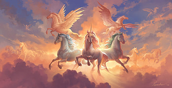 Odyssey, wings, art, hirse, sandara tang, pegasus, orange, cloud, sunset, fantasy HD wallpaper