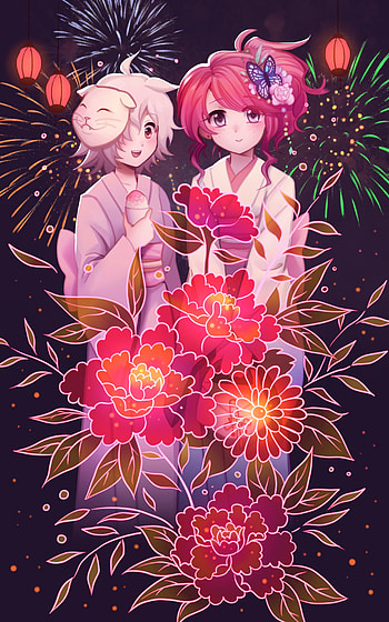 Anime, Flowers, Girls, Art, Fireworks, Firework HD phone wallpaper