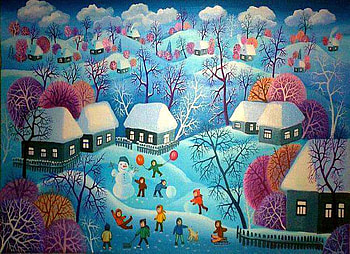 Валентина Поварова. еще одни Зимние радости, winter, snowman, children, painting, art, snow, village, tree HD wallpaper