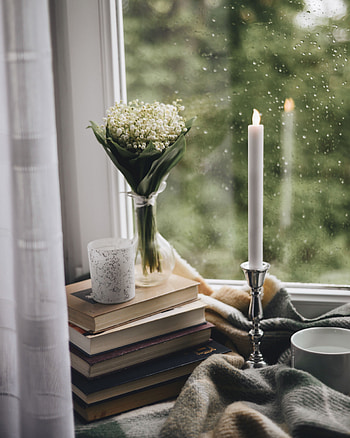 Rain, Books, Miscellanea, Miscellaneous, Cup, Bouquet, Window, Candle, Plaid HD phone wallpaper