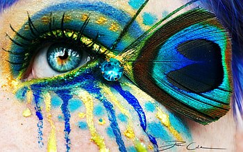 Crazy peacock, blue, pixiecold, girl, woman, summer, feather, make-up, green, yellow, eye, vara HD wallpaper