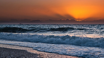 Nature, Sunset, Sea, Sun, Waves, Horizon, Mainly Cloudy, Overcast, Surf, Line, Noise HD wallpaper