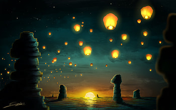 Sunset Lanterns, lantern, artist, artwork, digital-art, deviantart HD wallpaper
