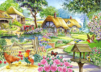 Down on the Farm, birds, birdfeeder, chickens, nature, puzzle, cottage, counrty HD wallpaper