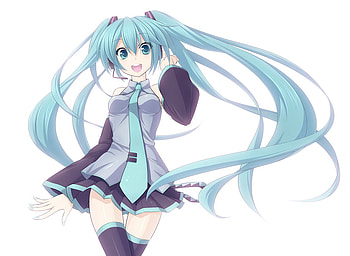 happy miku, miku, blue hair, vocaloid, piggy-tails HD wallpaper