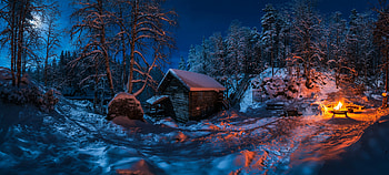 Winter night, Bonfire, Winter, Forest, Snow, Night, Hut HD wallpaper