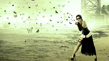 Breath of Butterflies, butterflies, breath, wierd, glasses, girl, beach HD wallpaper