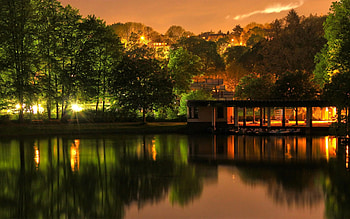 Landscape, Cities, Rivers, Trees, Building, Shine, Light, Evening HD wallpaper