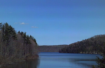 Summit of my dam, blue sky, dam, trees, sky, water, lake HD wallpaper