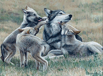 Center of Attention, artwork, predators, wolves, painting, family, pups HD wallpaper
