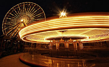 carousel and ferris wheel on chicago pier, night, lights, ferris wheel, carousel, motion HD wallpaper