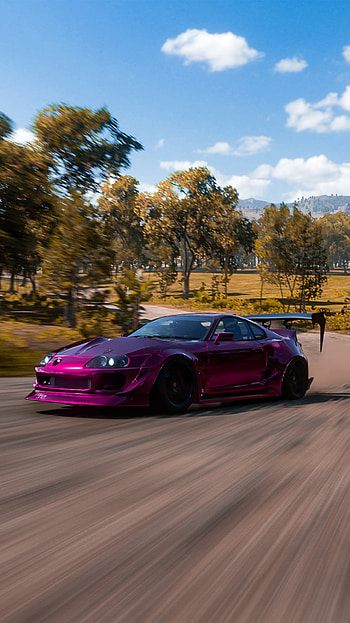 Toyota Supra, racing into the night, sky, nature, pink supra, yellow trees HD phone wallpaper
