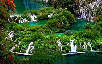 MULTIPLE RIVER FALLS, river, waterfalls, pool, forest, mountain HD wallpaper