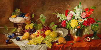 Still life with flowers and fruits, plenty, colorful, bouquet, art, vase, beautiful, fruits, summer, still life, painting, pretty, autumn, flowers, lovely, hat HD wallpaper