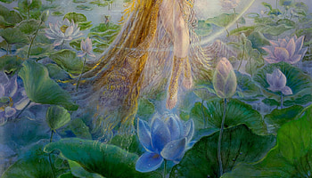 Blue lotus, art, green, flower, blue, fantasy, kinuko y craft HD wallpaper