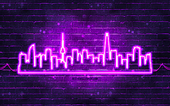 Seoul violet neon silhouette, , violet neon lights, Seoul skyline silhouette, violet brickwall, South Korean cities, neon skyline silhouettes, South Korea, Seoul silhouette, Seoul HD wallpaper