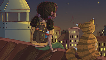 Little Girl Looking At The Stars With Cat , little-girl, cat, stars, artist, artwork, digital-art HD wallpaper