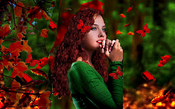 Autumn Colors, leaves, vibrant, vivid, red, green, bright, bold, girl, butterflies HD wallpaper