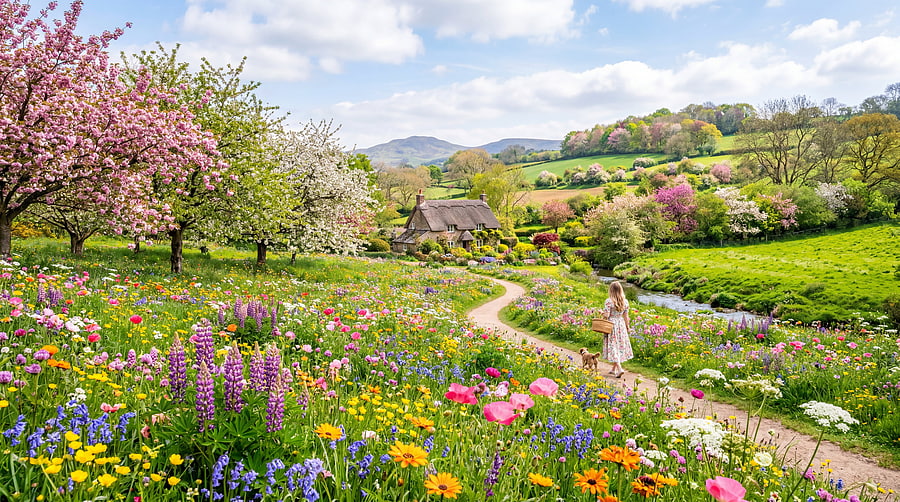 Colorful Spring Wildflower Meadow Cottage — Countryside HD wallpaper