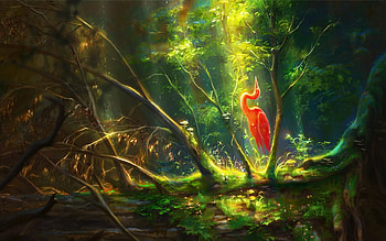 Bird, art, orange, tamberella, fantasy, green, jungle, luminos, forest, pasari HD wallpaper
