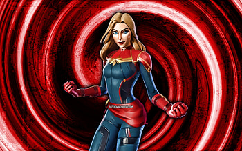 Captain Marvel, red grunge background, Fortnite, vortex, Fortnite characters, Captain Marvel Skin, Fortnite Battle Royale, Captain Marvel Fortnite HD wallpaper