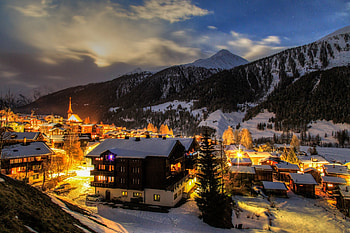 House in the Winter, winter, lights, snow, house, clouds, nature, mountains HD wallpaper