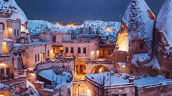 Cappadocia, Turkey, Snowy winter, Stone buildings HD wallpaper