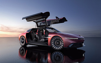 2022, DeLorean Alpha 5 Concept, front view, exterior, open doors, red DeLorean Alpha 5, american cars, DeLorean HD wallpaper